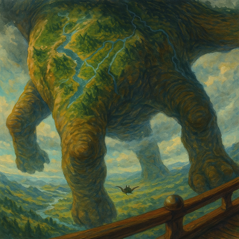 Das Bild zeigt eine Landschaft, durch die ein gigantischer Vierbeiner läuft. Auf seinem Rücken sieht man Wälder und Flüsse. Der Blickwinkel ist von Bord eines fliegenden Schiffes über den Wolken, das dabei ist, unter dem Bauch des Wesens hindurch zu fliegen.