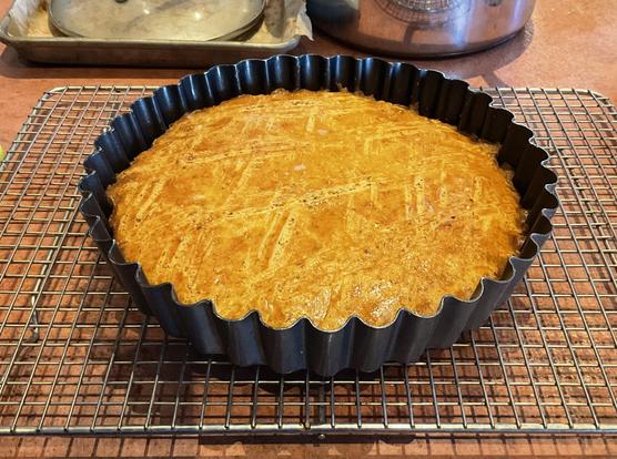A rich golden orange cake with cross hatching on top. It is slightly shiny except for one particular hatch where the glaze cracked. It is in a deep dish tart pan, which in turn is on a cooling rack on a concrete counter painted a light rust color.