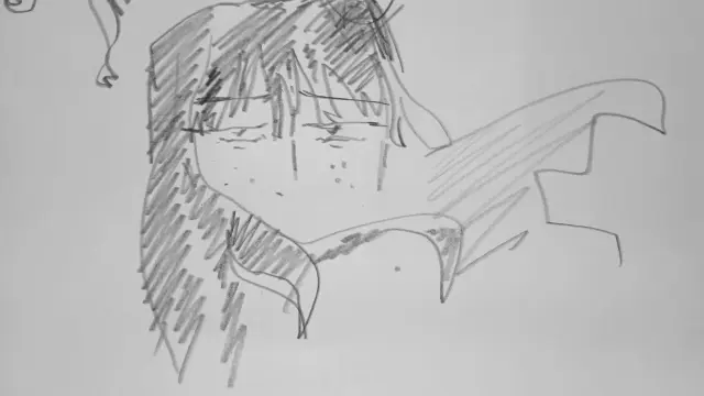 Cartoon self portrait of mel magdalene, pale woman with black hair obscuring her mouth