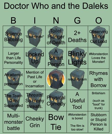 My Monsterdon BINGO card. I have all squares down the middle filled in, except the bottom square, which has the label “Bow Tie.”