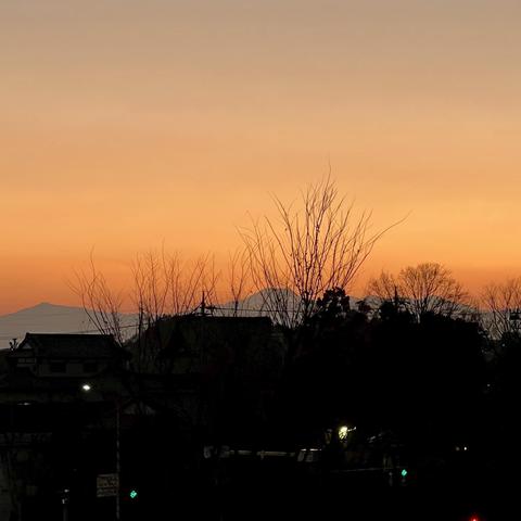 Square photo of the distant mountains featuring Mt Fuji in the middle on the horizon appearing clearly in light gray against the orange sky a few seconds after the sunset before it rapidly gets dark. There are silhouetted roofs of the temple and trees, and a few traffic green lights in the foreground. Serene and fleeting moment of the dusk.