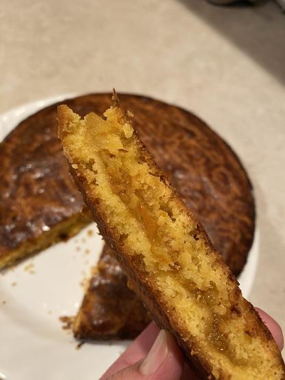 A side view of a slice of the breton cake, large grains, marmalade