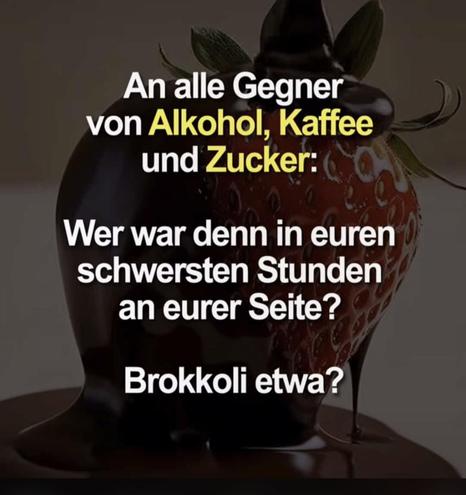 Im Hintergrund eine Erdbeere in Schokolade.
Weißgelber Text:
"An alle Gegner von Alkohol, Kaffee und Zucker:
Wer war denn in euren schwersten Stunden an eurer Seite?
Brokkoli etwa?"