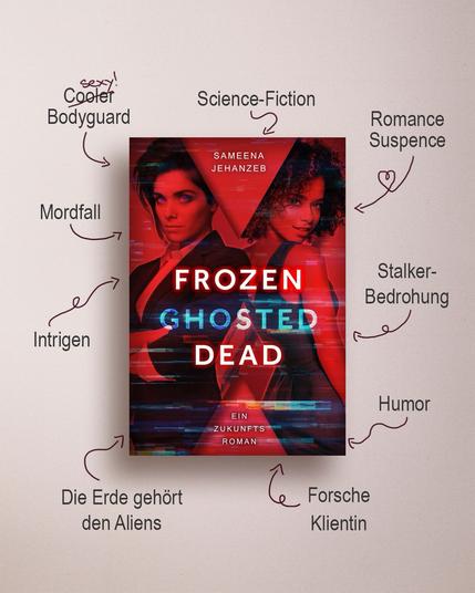 Buchcover des Science-Fiction-Romans „Frozen Ghosted Dead“ von Sameena Jehanzeb. Zwei Frauen stehen Rücken an Rücken vor rotem, futuristischem Hintergrund mit digitalen Störeffekten. Links eine Frau mit kurzem dunklem Haar im Anzug, rechts eine Frau mit lockigem Haar in ärmellosem Outfit. Der Titel „FROZEN GHOSTED DEAD“ steht groß in der Mitte, darunter der Untertitel „Ein Zukunftsroman“. Das Cover ist umgeben von  Stichworten wie: Sexy Bodyguard, Science-Fiction, Romantic-Suspense, Stalker-Bedrohung, Humor, Forsche Klientin, Öko-Aliens, Mordfall, Intrigen