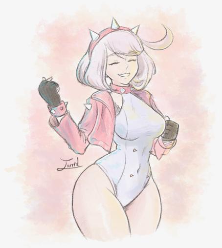 A quick sketch of Elphelt Valentine (Guilty Gear) smiling at the camera with her eyes closed! She's a girl with white hair with a cute ahoge swooshing upward and a pink headband with spikes at the top. She is wearing a white leotard with spikes on the tummy, spiked bracelets, a pink jacket, a spiked collar, and a pair of black gloves. Behind her is a pinkish-yellowish background. This cosplay is inspired by the cosplayer bunysae! You did a wonderful job on this cosplay! I hope you guys like this drawing! <3