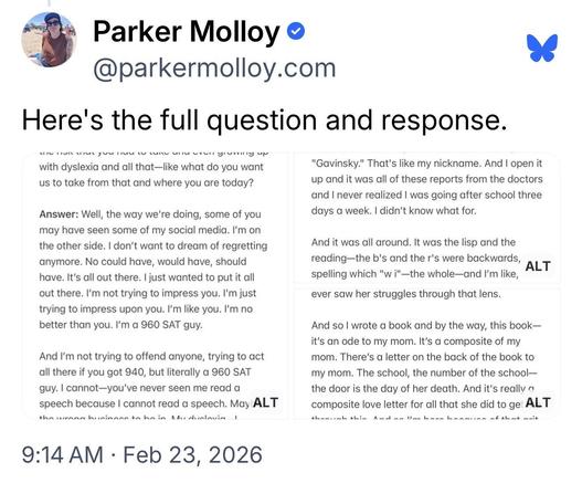 Parker Molloy (@parkermolloy.com):
Here's the full question and response.

[screenshots of the Newsom interview that
clarifies the context of the mischaracterized quotes]