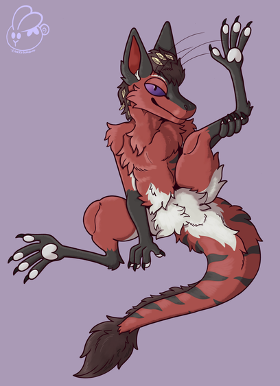 Digital furry art. Sfw male yinglet with red, black and cream fur and purple eyes.