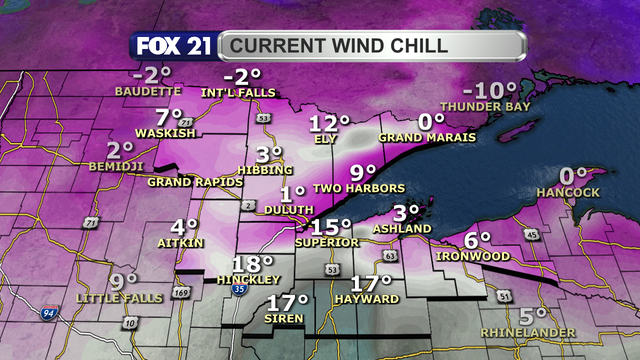Feel like temperatures in the Northland just after 1 p.m. on February 23, 2026, range from 2-below to 17-above.  Readings are measured in degrees Fahrenheit.