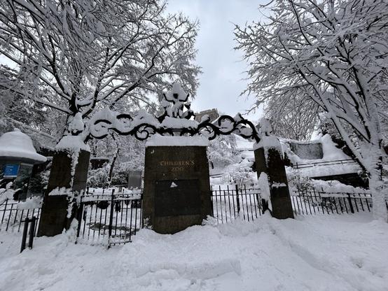 A snow-covered entrance to a children's zoo, featuring ornate gates with "Children's Zoo" inscribed. Surrounding trees and the ground are blanketed in fresh snow.