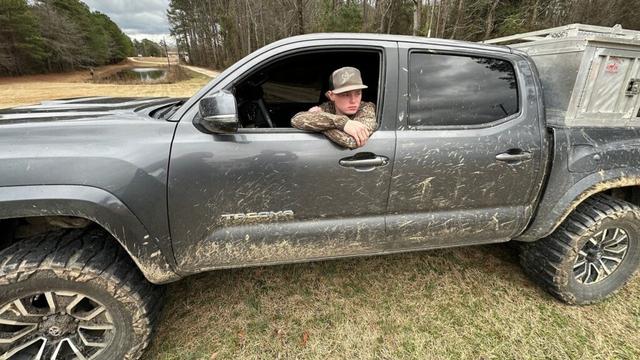 Braeden Fields speaks to reporters outside a property in Cameron, N.C., Sunday, Feb. 22, 2026. (AP Photo/Allen G. Breed)