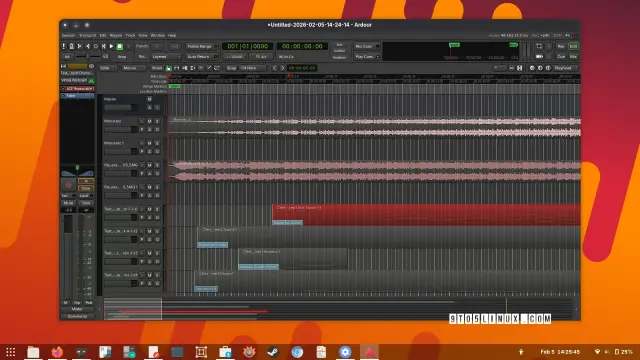 Screenshot of Ardour showing the main window while producing a music track.