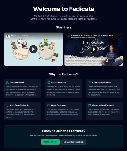 New Design of the Fedicate Website.

Two Videos showing off what the Fediverse is followed by 6 boxes showing off the morels of the Fediverse.