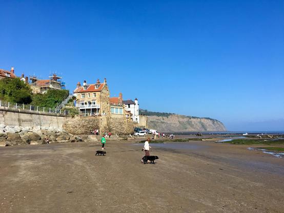 A sandy shoreline stretches out at low tide with shallow pools of water dotting the beach, where a few people walk dogs and others sit on rocks near the seawall. Stone houses with red-tiled roofs line the edge of the beach, some under scaffolding, and a stone wall supports the buildings above a row of large boulders. Several cars and small groups of people are visible near the base of the houses, while the coastline curves towards tall cliffs in the distance under a clear blue sky.