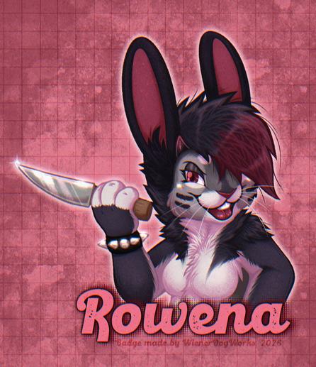 A con badge of a female rabbit with a flirty expression holding a knife.