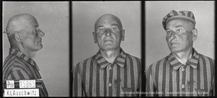 A mugshot registration photograph from Auschwitz. A man with a shaved head wearing a striped uniform photographed in three positions (profile and front with bare head and a photo with a slightly turned head with a hat on). The prisoner number is visible on a marking board on the left.