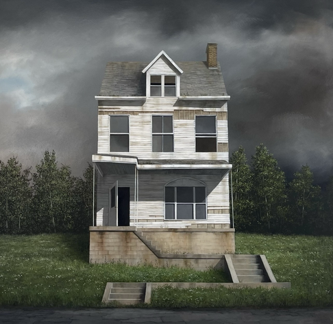 A white weather-boarded house under a dark sky with concrete steps leading to the porch. The first floor window and front door are wide open.