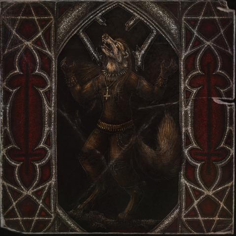 Digital illustration in a scratchboard style of an anthro raccoon pulling the classic "black metal pose" they are wearing a t-shirt, jeans, spiked collar/wristbands and a bullet belt.

The border is in the style of Gothic stained glass church windows and is drawn with the stippling technique.

Raffle prize for Mayhem