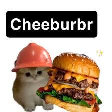 The image features a small kitten wearing a pink construction helmet next to a large, appetizing cheeseburger. The kitten is fluffy, light-colored, and positioned on the left side of the image. The cheeseburger on the right is stacked with layers including lettuce, tomato, cheese, and two beef patties, topped with a glossy bun. Above them, there is bold black text on a white background. A small sparkle is seen near the cheeseburger, emphasizing its appeal.

Transcribed Text:

"Cheeburbr"