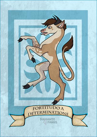 A taupe and tan heraldic cow, rampant. With dark brown hair against a very light blue background. There is a banner underneath that reads "FORTITUDO A DETERMINATIONE"