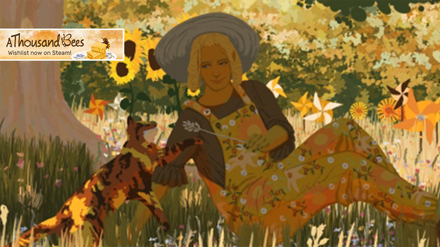 A blonde woman with pigtails, wearing flowered dungarees and a straw hat, plays with a tortie cat while sitting in the shadow of a tree on a hot and bright summer afternoon. It's a level image from A Thousand Bees