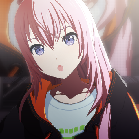 Luka Megurine in a stage. She is wearing a black hoodie with an orange accent, and a white t-shirt.