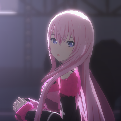 Luka Megurine in a stage, looking to the side with her lips parted. She is wearing an off-shoulder pink sweater with a black accent.
