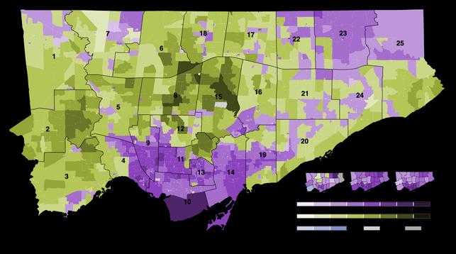 Map of the 2023 mayoral election in Toronto.

Olivia Chow's vote share is focused in the old city of Toronto, and apartment neighbourhoods in Scarborough.

Ana Bailao did well in house neighbourhoods outside the core, Etobicoke and North York