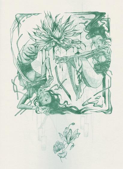 riso printed illustration of two girls in flow around a dripping flower