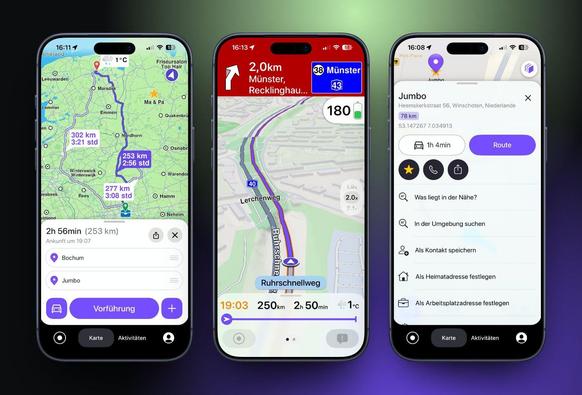Drei iPhone-Screenshots mit Routenplanung, Navigation und POI aus der iOS-App Magic Earth.