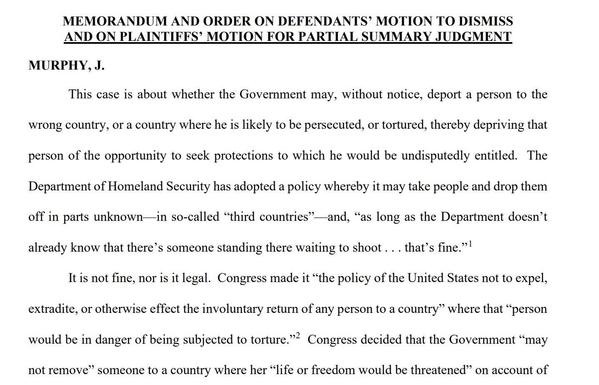 A legal document titled "Memorandum and Order on Defendants' Motion to Dismiss and on Plaintiffs' Motion for Partial Summary Judgment," discussing governmental policies regarding deportation to potentially unsafe countries and the implications of such actions. The text highlights concerns…