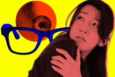 A vibrant illustration featuring blue glasses and a stylized eye against a bright yellow background, adding a whimsical touch.