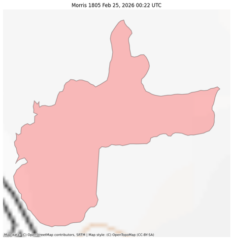 Visual map representation of the Morris 1805 wildfire, showing the perimeters of the 5.25261357338523 acre fire on a map.