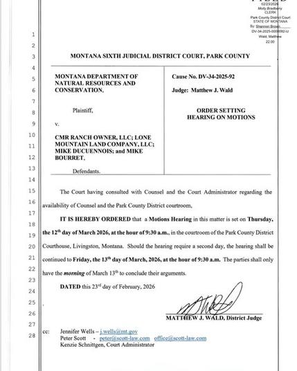 Order setting hearing on motions