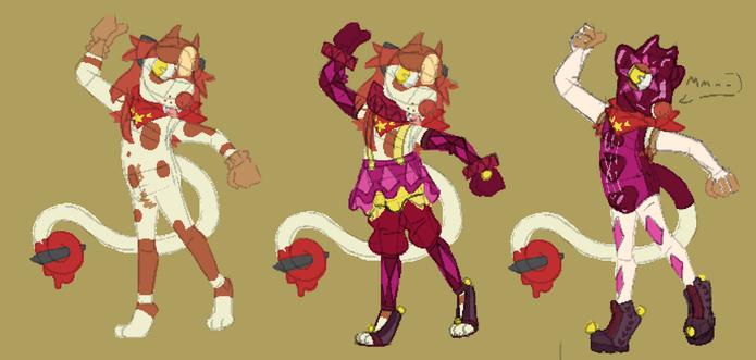 three of the same smeargle, once undressed then in two clownish cutesy outfits. the second is tight latex wear.