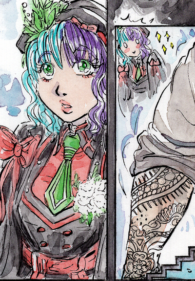 Closeup sample of a Jenitales Artemisia page showing the main character Eike in  military lolita gear, perving over a tattooed arm