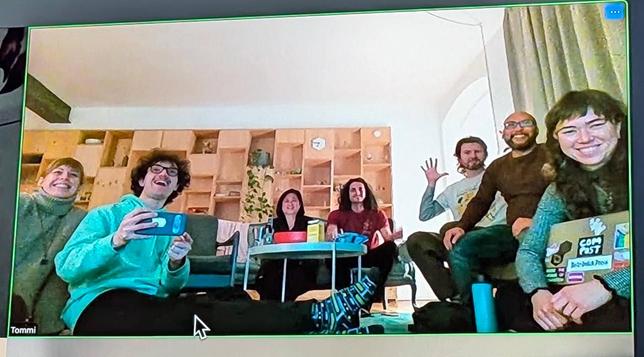 Crop to the screen showing all of us in the same room