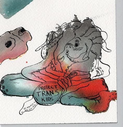 Scan brut d'un croquis à l'encre et à l'aquarelle d'un jeune monstre tentactulaires qui regarde ses parties génitales en rougissant avec un mirroir. Sur le dos du mirroir est écrit 'protect trans kids'
