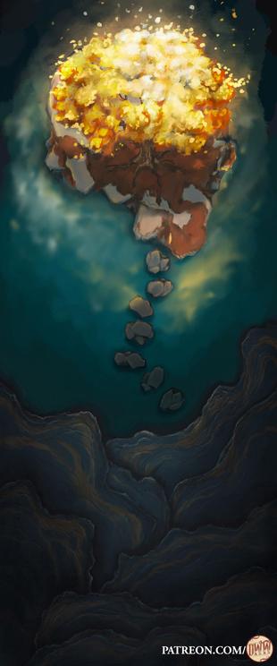 Sacred Tree Battle Map by Domille's Wondrous Works. It features a giant tree with glowing golden leaves in the middle of a lake.