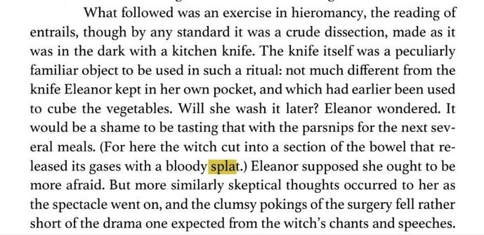 What followed was an exercise in hieromancy, the reading of entrails, though by any standard it was a crude dissection, made as it was in the dark with a kitchen knife. The knife itself was a peculiarly familiar object to be used in such a ritual: not much different from the knife Eleanor kept in her own pocket, and which had earlier been used to cube the vegetables. Will she wash it later? Eleanor wondered. It would be a shame to be tasting that with the parsnips for the next several meals. (For here the witch cut into a section of the bowel that released its gases with a bloody splat.) Eleanor supposed she ought to be more afraid. But more similarly skeptical thoughts occurred to her as the spectacle went on, and the clumsy pokings of the surgery fell rather short of the drama one expected from the witch's chants and speeches.