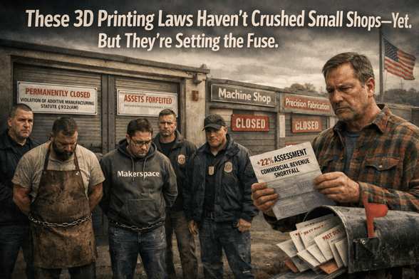 AI-generated image showing two small business owners—one in a CNC shop apron, one in a maker hoodie—standing in handcuffs beside sealed workshop doors marked "PERMANENTLY CLOSED – VIOLATION OF ADDITIVE MANUFACTURING STATUTE" and "ASSETS FORFEITED." In the background, a suburban homeowner stares at a property tax bill showing a 22% increase due to lost commercial revenue. Overcast industrial street scene with shuttered shops, federal agents, and American flags. Title overlay: "These 3D Printing Laws Haven’t Crushed Small Shops—Yet. But They’re Setting the Fuse."