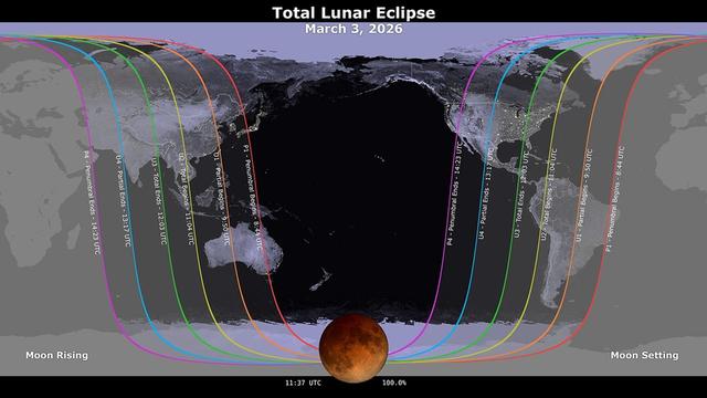 World map showing visibility zones and timing of the total lunar eclipse on March 3, 2026, with the moon rising and setting paths marked.