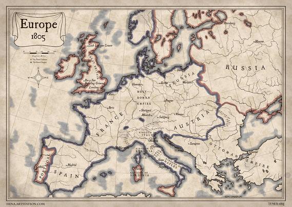 Old-style map illustration of Europe in 1805 in black and white line art with a parchment-like background. The country borders of the Third Coalition and the French Empire are red and blue.