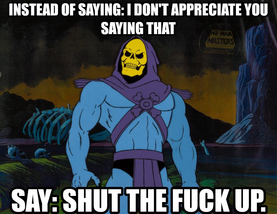 Instead of saying: I don't appreciate you saying that. Say: shut the fuck up.