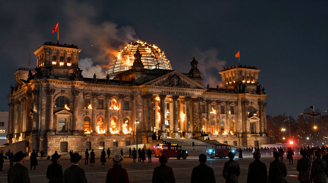 AI-generated cinematic digital painting of the Reichstag fire in Berlin on February 27, 1933