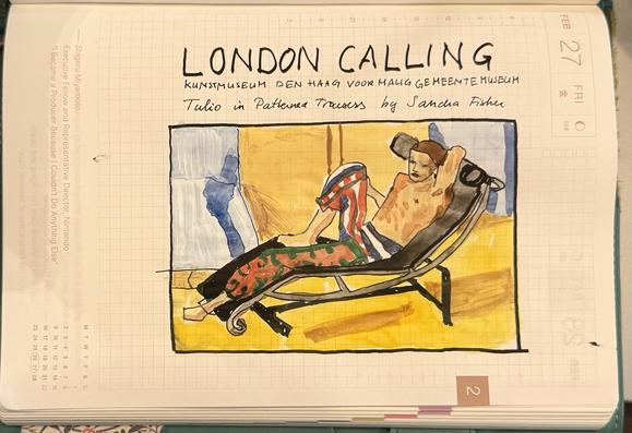 Sketch in sketchbook of a man sitting in a lounge chair. He is wearing a heavily patterned colourful trousers. His chest is bare and he's holding one arm behind his head.