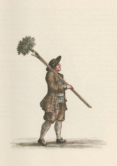 A watercolour of a man, seen from the side, with a large brush and another tool, both on long sticks, carried over his shoulder. He wears a green coat and breeches, a green waistcoat, black hat, grey socks and black shoes. A thin robe, in a hank, hangs from his belt.