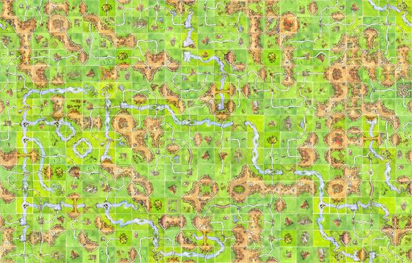 A map made up of 25 columns and 16 rows of tiles from the Carcassonne board game and expansions