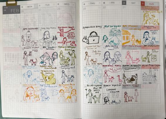 Monthly overview in my cousin Hobonichi with 28 mini drawings. Each with some sort of happening of that day for me.