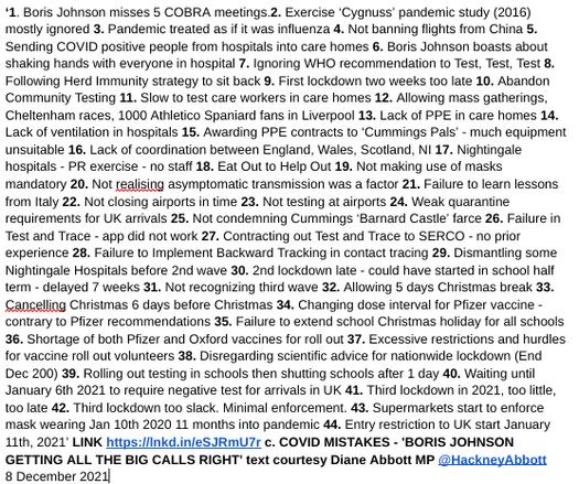 'Boris Johnson Getting All The big Calls Rights' text courtesy Diane Abbott MP @HackneyAbbott