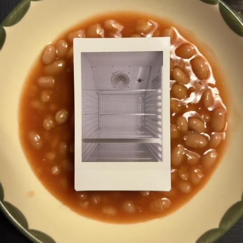 Instant photo of an empty glass door fridge on a soup plate with baked beans.